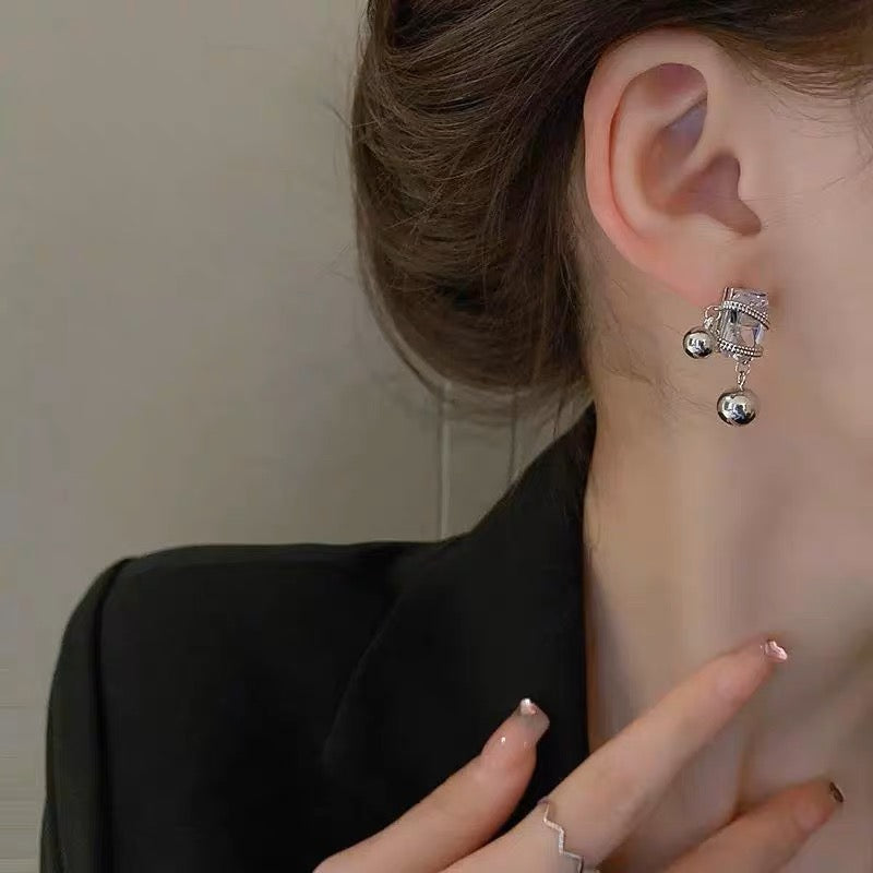 925 Silver Square Diamond Ball Drop Earrings