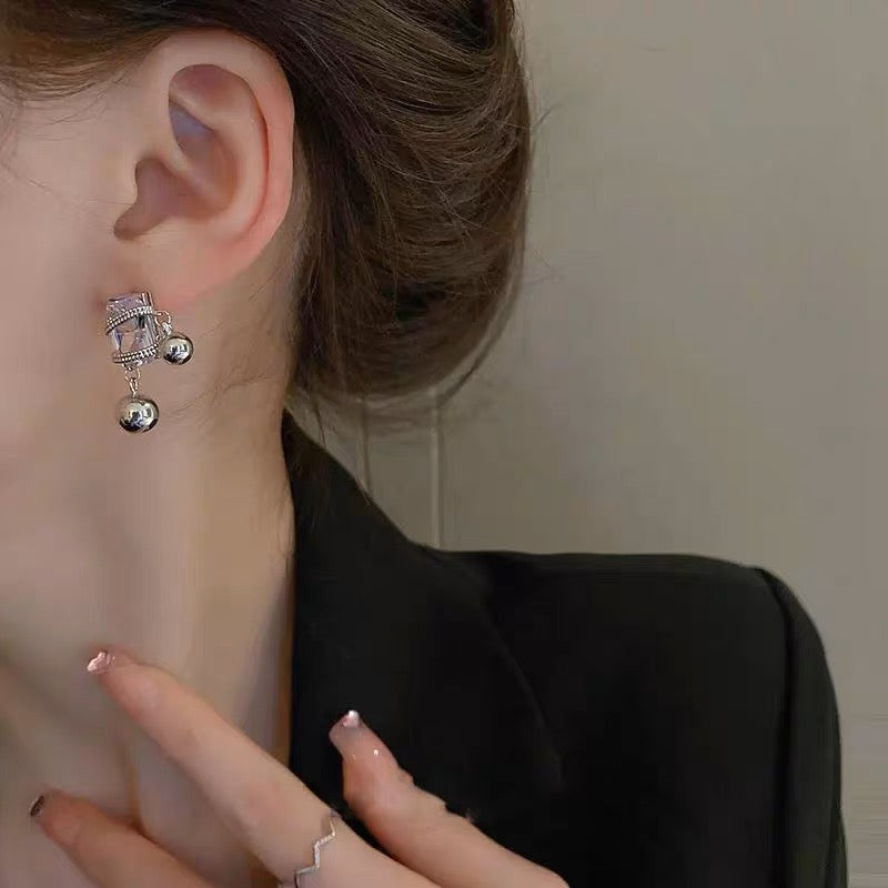 925 Silver Square Diamond Ball Drop Earrings