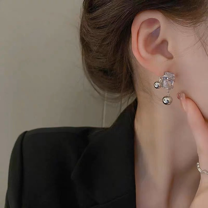 925 Silver Square Diamond Ball Drop Earrings