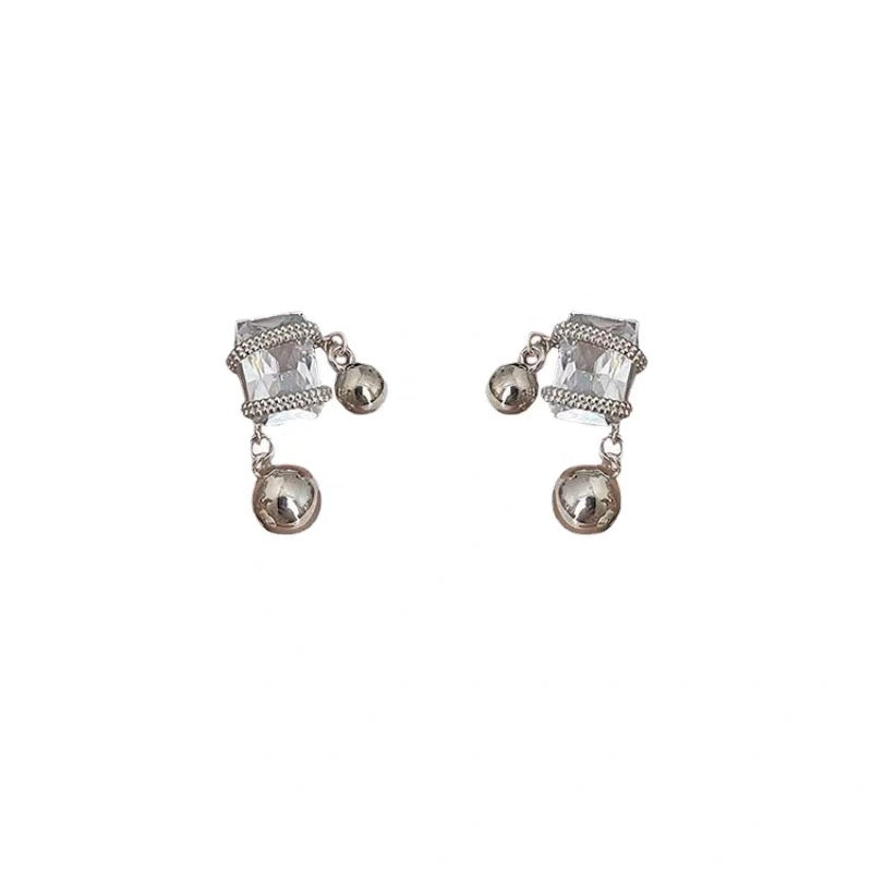 925 Silver Square Diamond Ball Drop Earrings