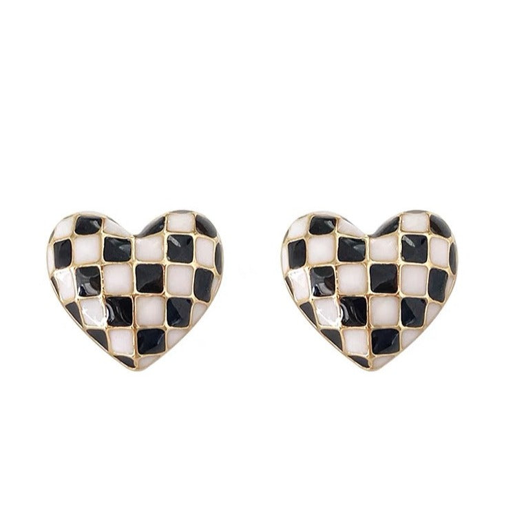 925 Silver Black & White Heart Checkerboard Earrings