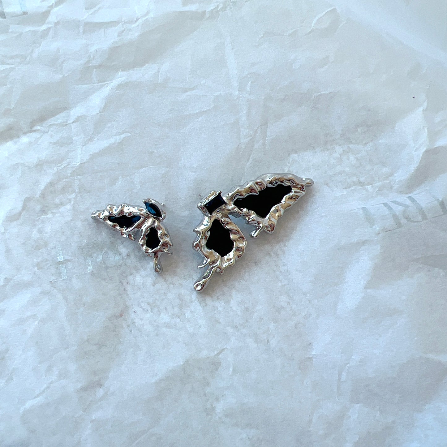 925 Silver Asymmetrical black butterfly earrings