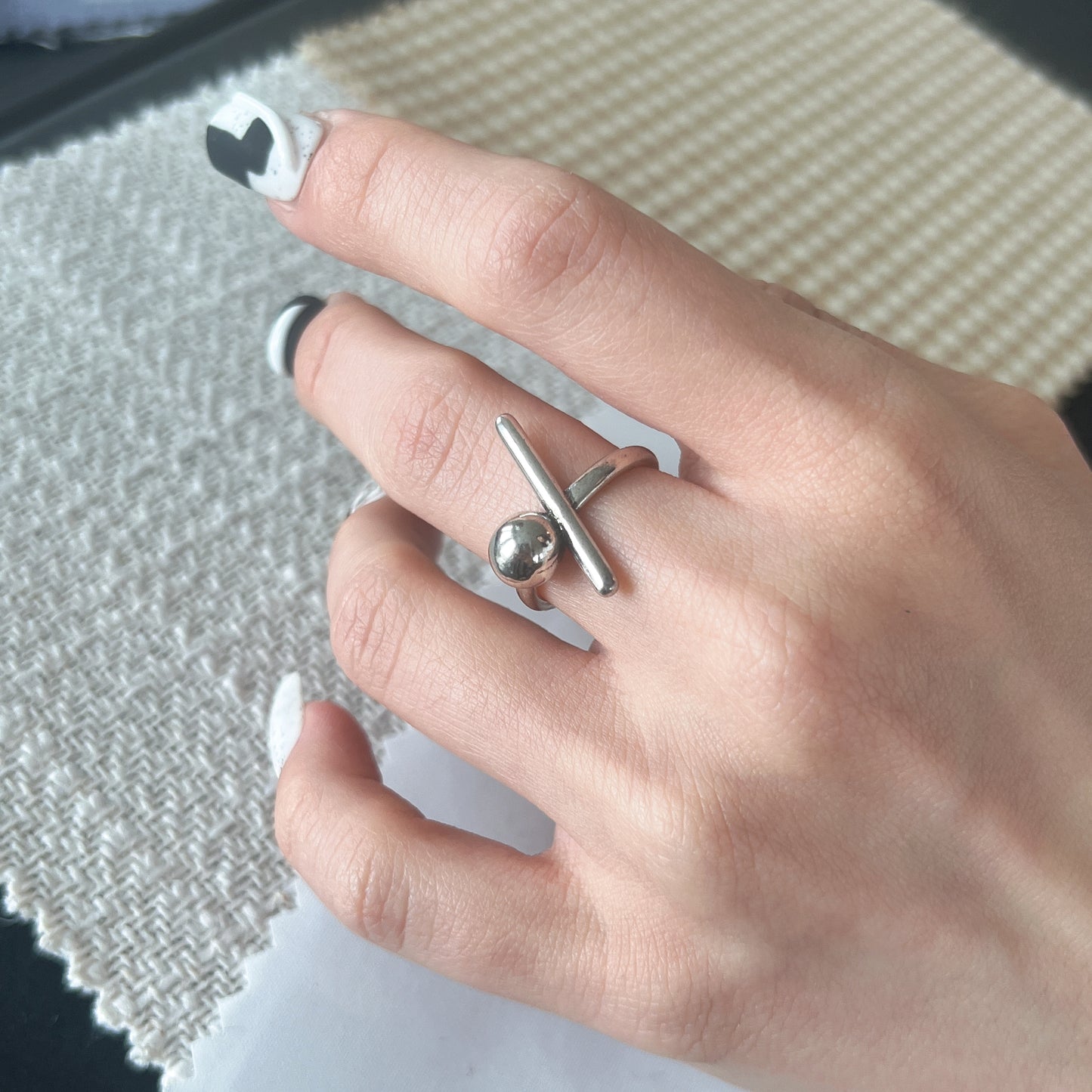 925 Silver  Geometric Bead and Metal Bar Open Ring