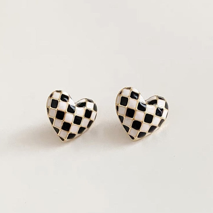 925 Silver Black & White Heart Checkerboard Earrings