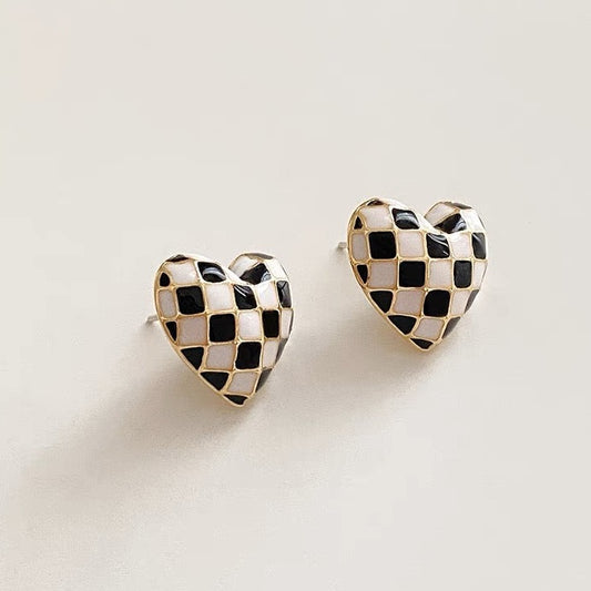 925 Silver Black & White Heart Checkerboard Earrings