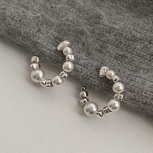 C-shaped Pearl Silver Earrings
