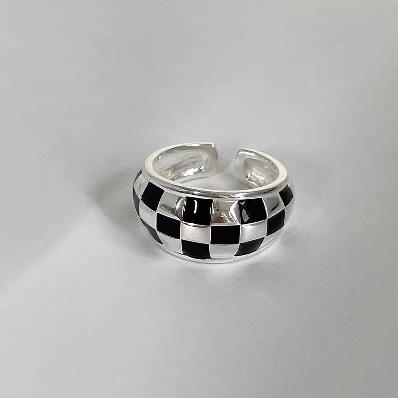 925 Silver Check Pattern Open Ring